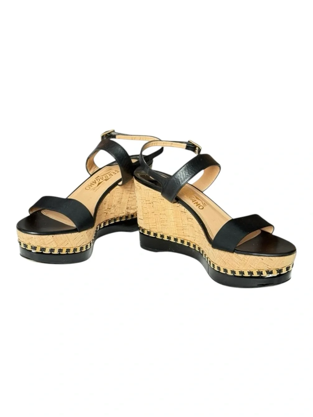 Salvatore Ferragamo ꔘ Mollie Chain Platform Wedge Sandals ꔘ Black Leather ꔘ 9.5B